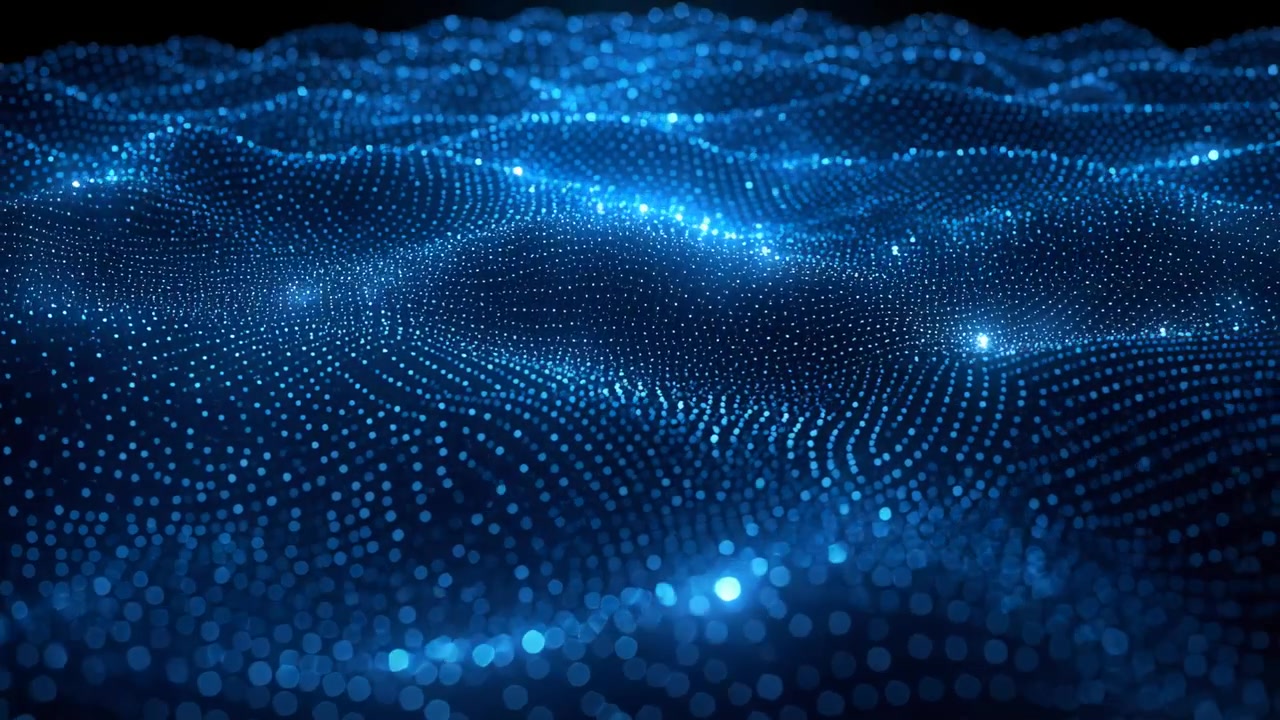 Rippling blue point cloud wave field showing algorithm initiating motion over void, luminous ridges