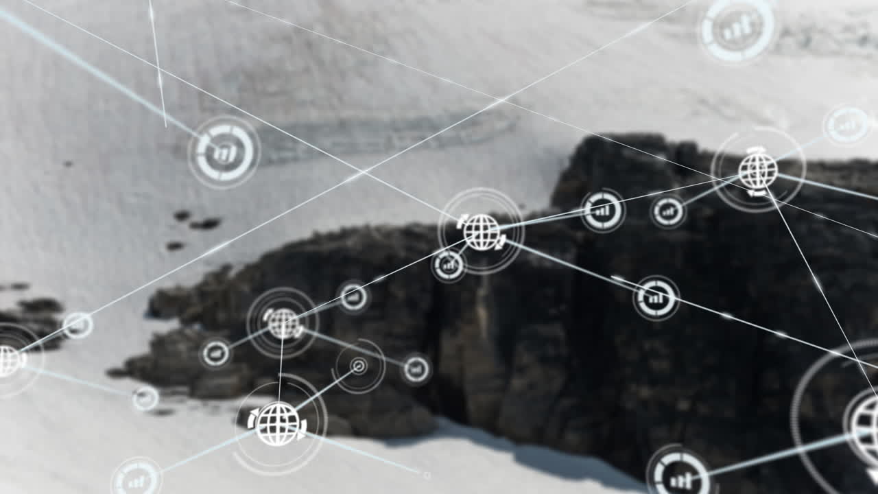 анимация сети соединений с иконами над ландшафтом