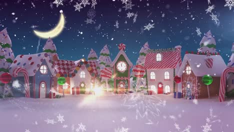 Animation-of-falling-snow-over-night-winter-village