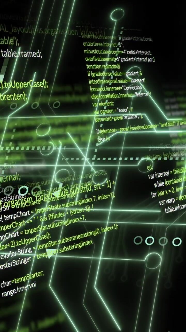 Animation of binary coding and data processing on black background