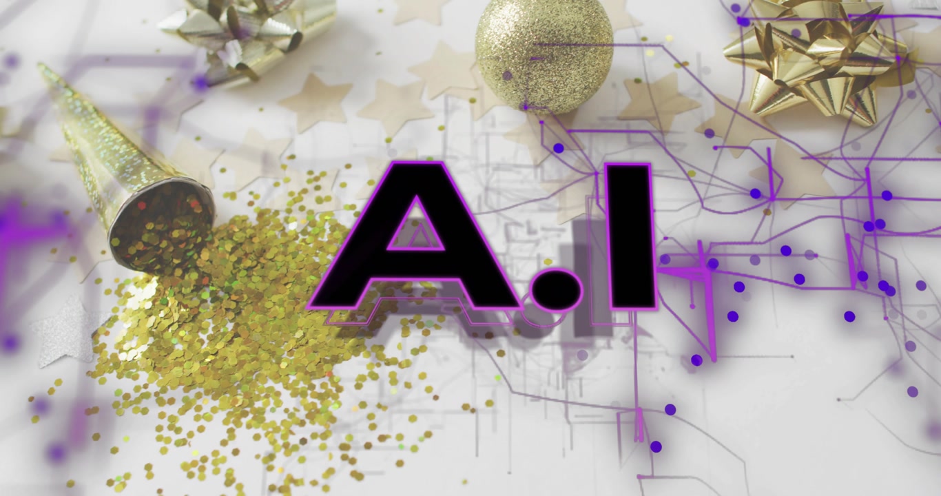 On load golden ornaments and purple nodes appearing letter A I growing for festive AI reveal