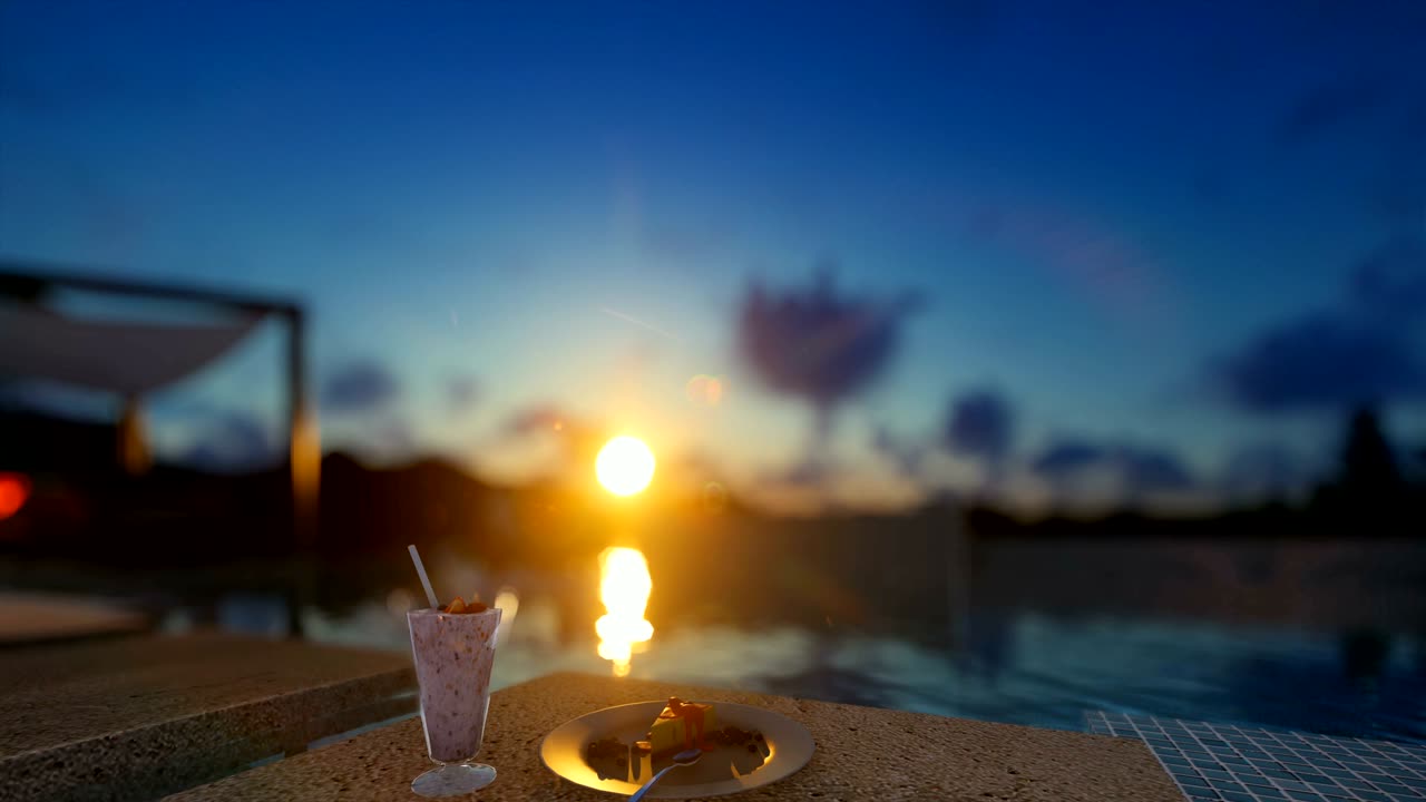 무한 수영장과 사람들이 휴식을 취하는 빌라, 아침 식사에 집중, 아름다운 일출, 4k