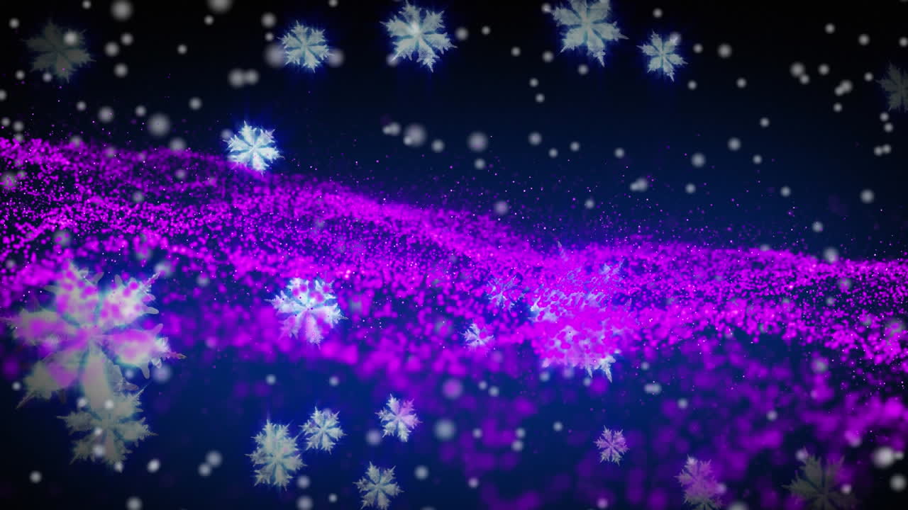 크리스마스 눈이 파란색 배경에 보라색 반이는 mesh 위에 떨어지는 애니메이션