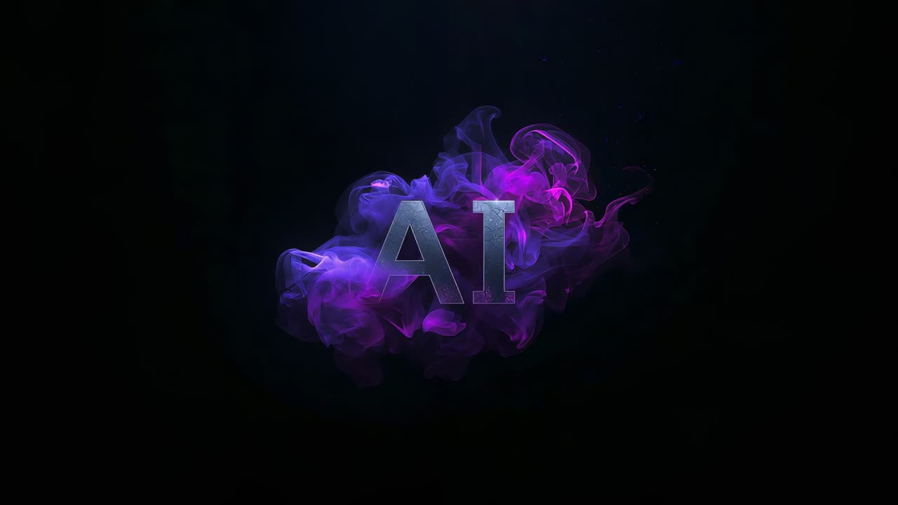 Forming purple-pink smoke cloud revealing metallic AI letters in dark studio void, rim lighting