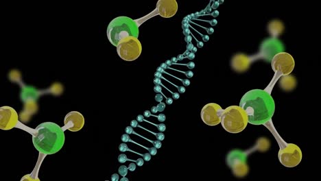 Animation-Von-3D-Mikromolekülen-Und-DNA-Strang-Auf-Schwarzem-Hintergrund