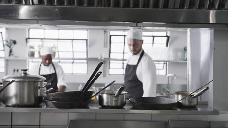 two diverse male chefs preparing meals in kitchen, slow motion