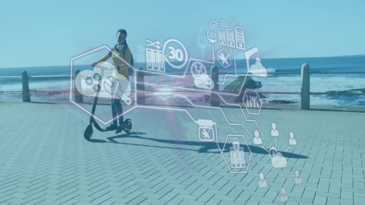 바다  ⁇ 의 산책로에서 스쿠터를 타고 있는 여성 위에 기술 아이콘의 애니메이션