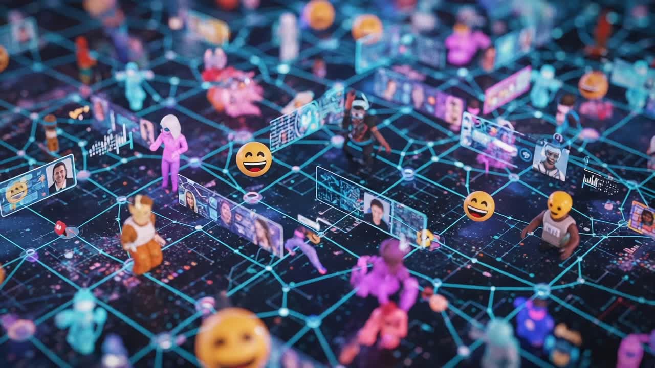 Exploring a Vibrant Digital Landscape: Animated Figures Interacting in a Network of Emotions and Connections Across a Futuristic Grid
