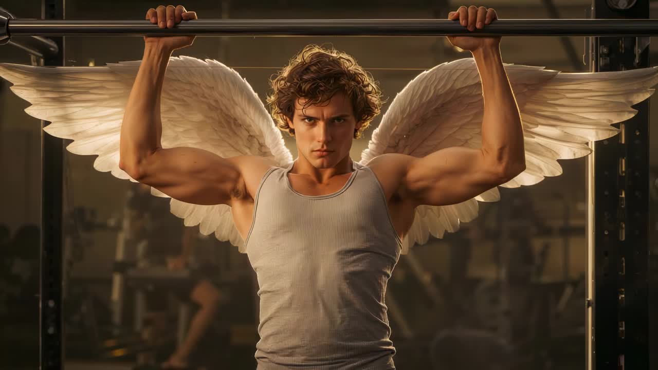Uomo in canottiera bianca che fa trazioni alla sbarra in palestra, ali bianche che accentuano il movimento