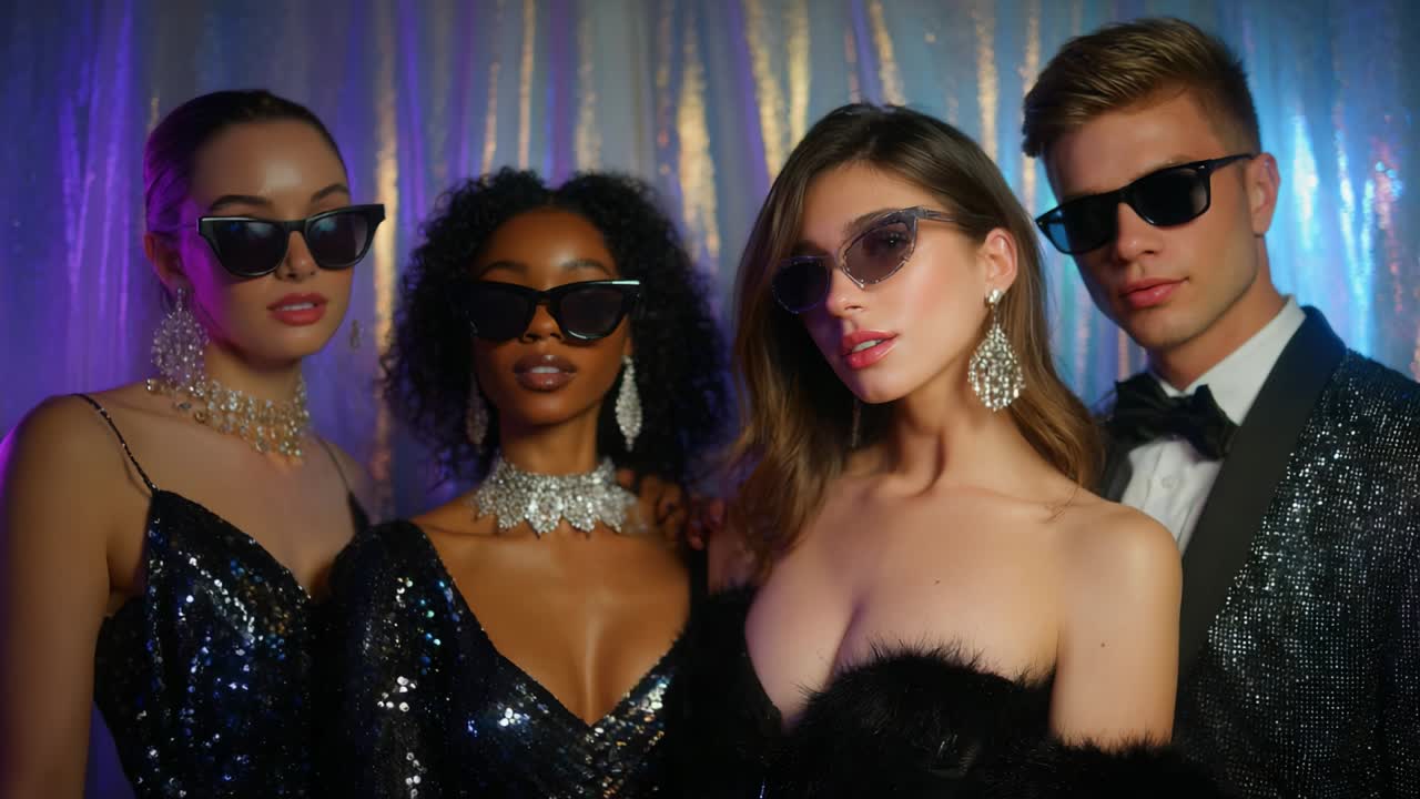 Stylish and Glamorous Group of Four Fashion Models Posing Elegantly in Chic Attire with Sunglasses and Sparkling Accessories Against a Shimmering Background in a Captivating Setting