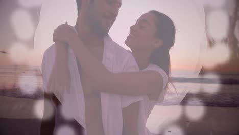 animation of biracial couple embracing over spots of light