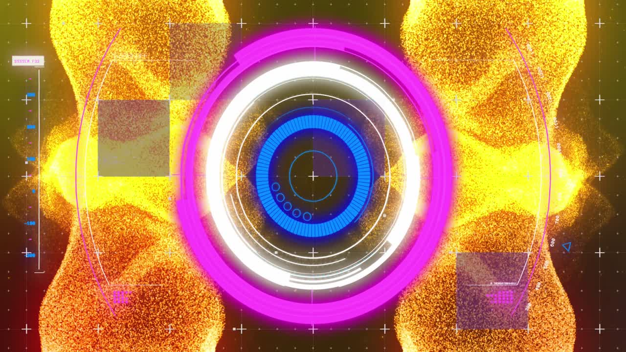 animazione di dati di scansione a scala rosa, bianca e blu su particelle gialle incandescenti