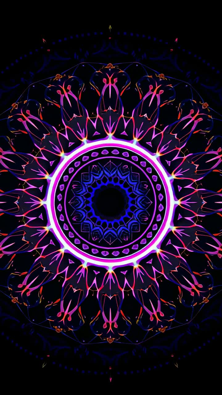 Video verticale: motivo mandala neon incandescente che ruota nel vuoto nero, anelli pulsanti e filigrana