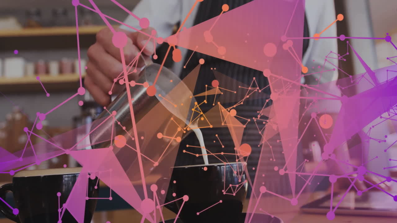 Barista pouring milk from pitcher into cup at cafe counter, featuring technology network overlay
