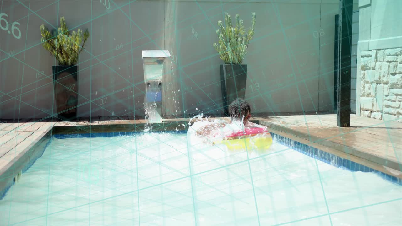 Adult male running causing jump into pool with donut ring splashing waterfall surfacing for health