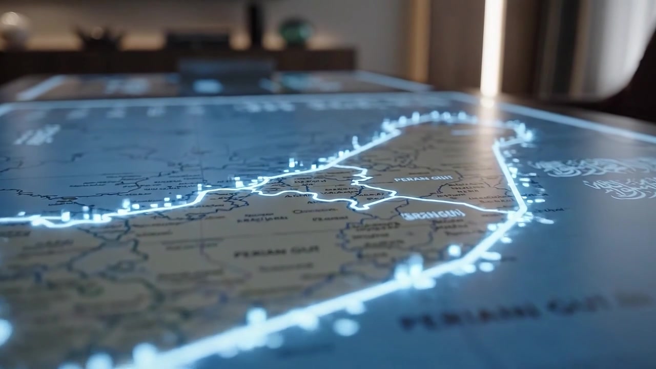 Engasjerende interaktivt kart som viser detaljert geografisk informasjon og funksjoner fremhevet med opplyste konturer i en moderne setting.