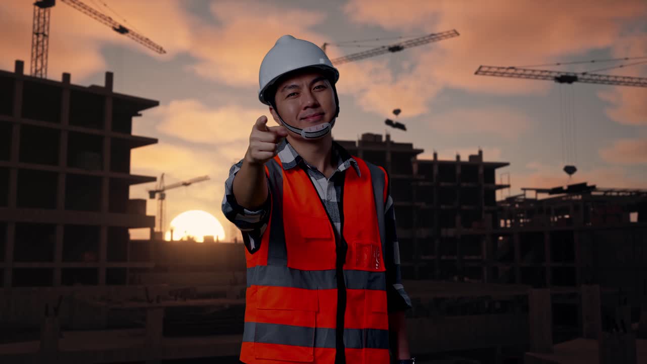 Asian Male Engineer With Safety Helmet Smiling And Touching His Chest Then Pointing At You While Standing At Building & Construction Site in Progress to New House