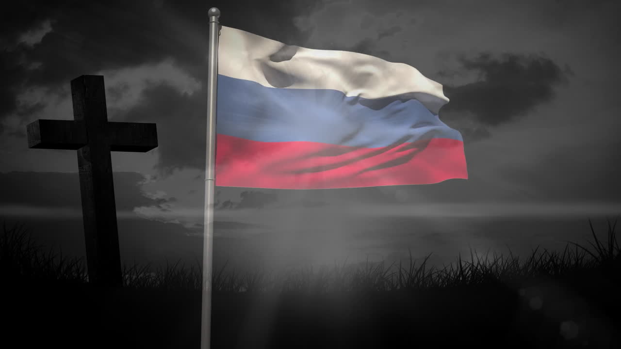 Russian flag waving near cross silhouette, dramatic cloudy sky in background