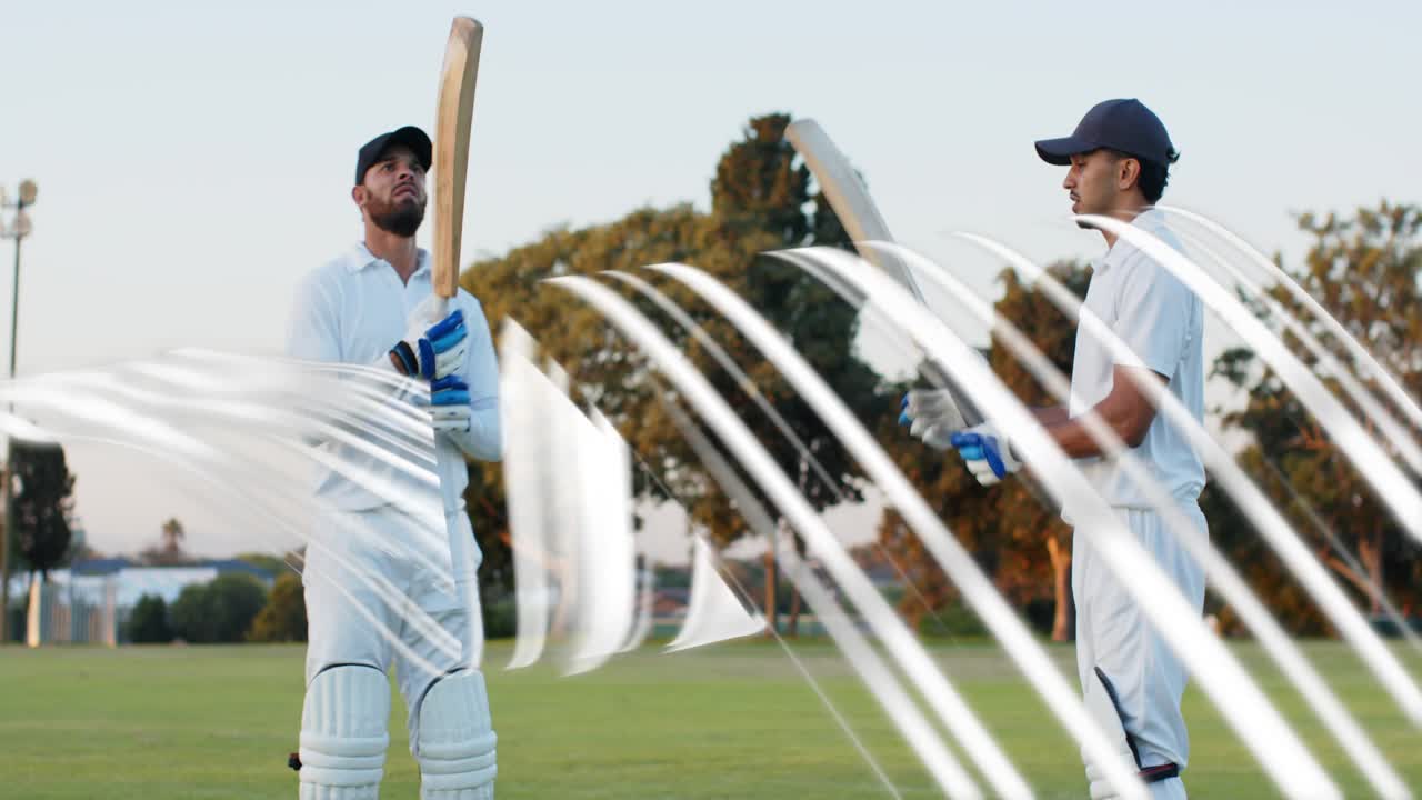 Vänster spelare justerar skydd, pigga spelare höjer slagträn, strimma som sveper visar cricketträning