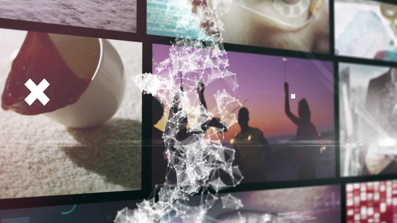 다양한 라이프 스타일 장면에 대한 연결 네트워크 및 데이터 처리 애니메이션