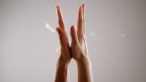 pair of raised human hands with palms facing each other