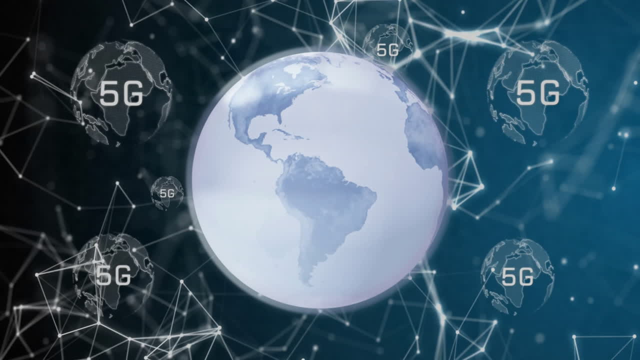 Animation of globes with 5g texts over shapes