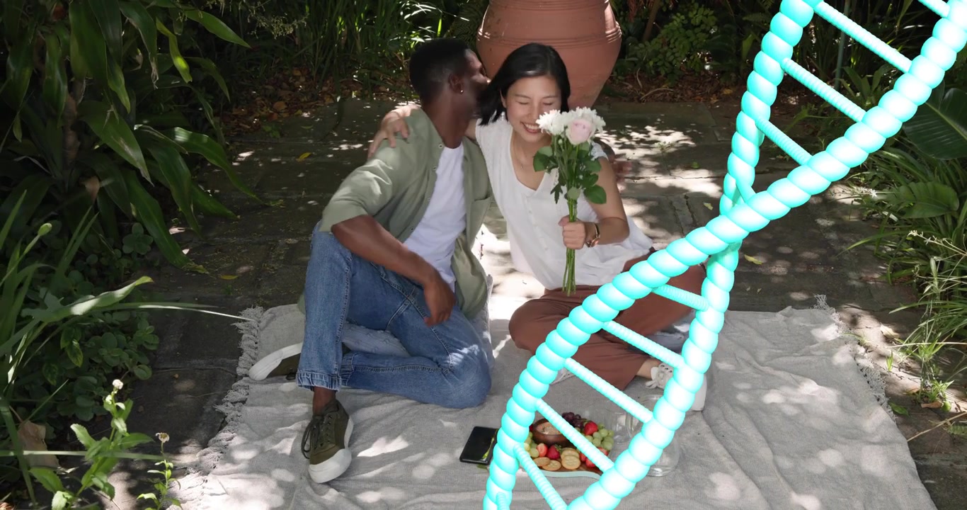 Donna che porge un bouquet al partner, dando il via a un momento di picnic con cuori animati nel marketing