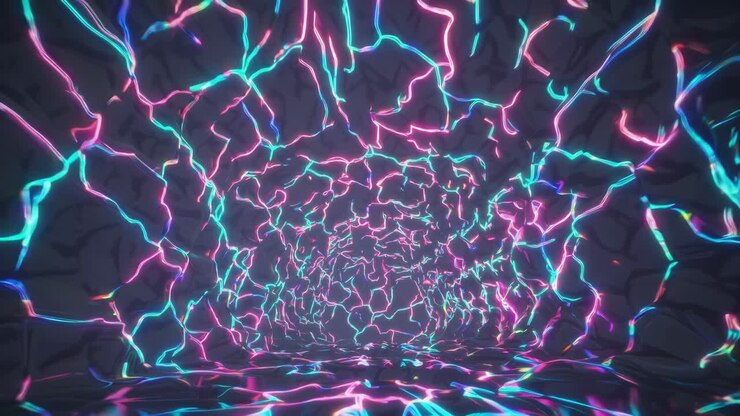 Futuristický abstraktní tunel se zářícími neonovými světly v živých barvách vytváří fascinující efekt