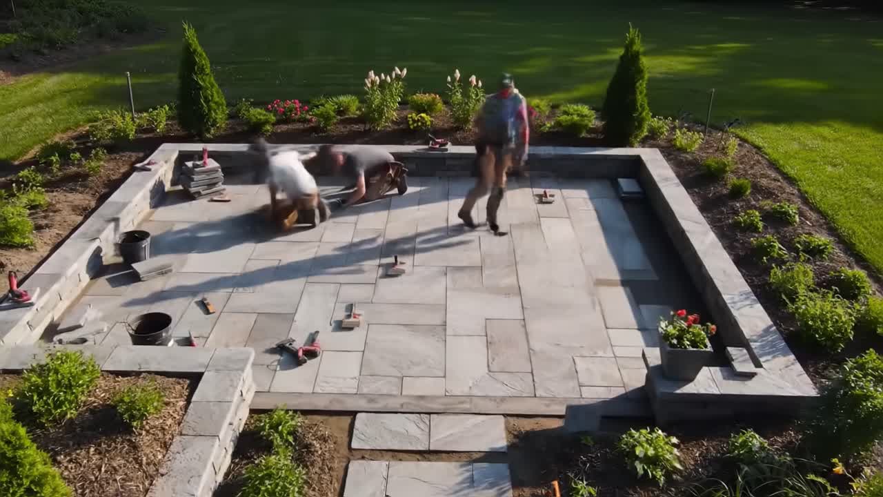 Workers are installing a beautiful stone patio in a backyard garden. The warm summer afternoon provides a perfect setting for this landscaping project, featuring vibrant flowers and greenery.