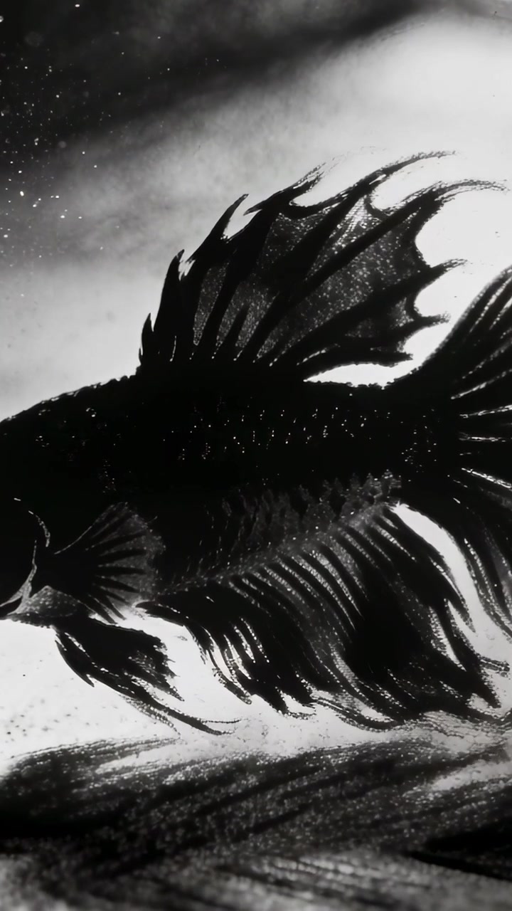 縦型動画：水槽の中を優雅に泳ぐ観賞魚。上昇する粒子に反応し、砂の上でひれを波打たせる様子。