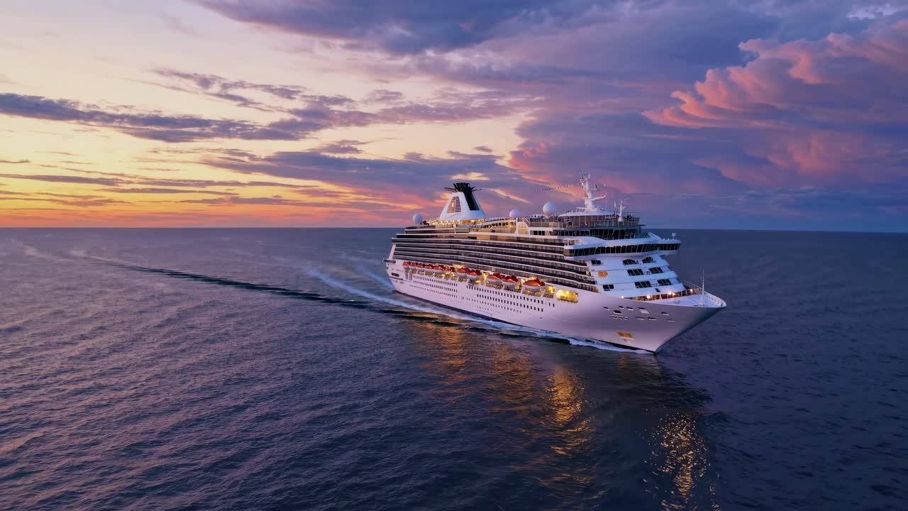 Vista aérea de un crucero navegando al atardecer, capturando un sereno viaje oceánico.