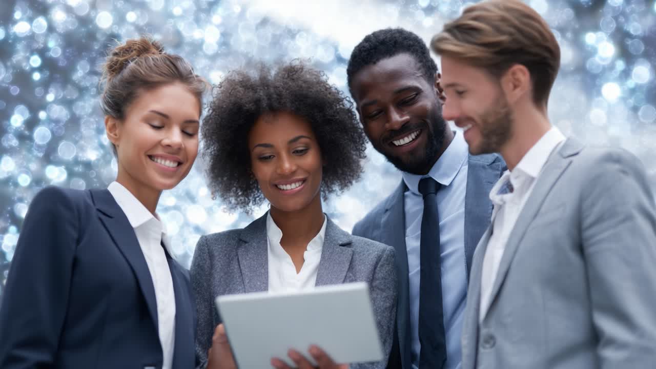 A Group of Professionals Engaging with a Tablet in a Vibrant Atmosphere, Sharing Ideas and Collaborating in a Dynamic Environment of Innovation and Creativity