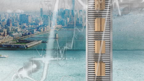 animation of statistics processing over cardboard boxes on conveyor belt and cityscape