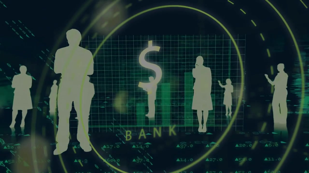 Figura maschile in primo piano che si muove durante una panoramica della telecamera verso sinistra, con anelli che pulsano e un simbolo del dollaro che mostra dati bancari.