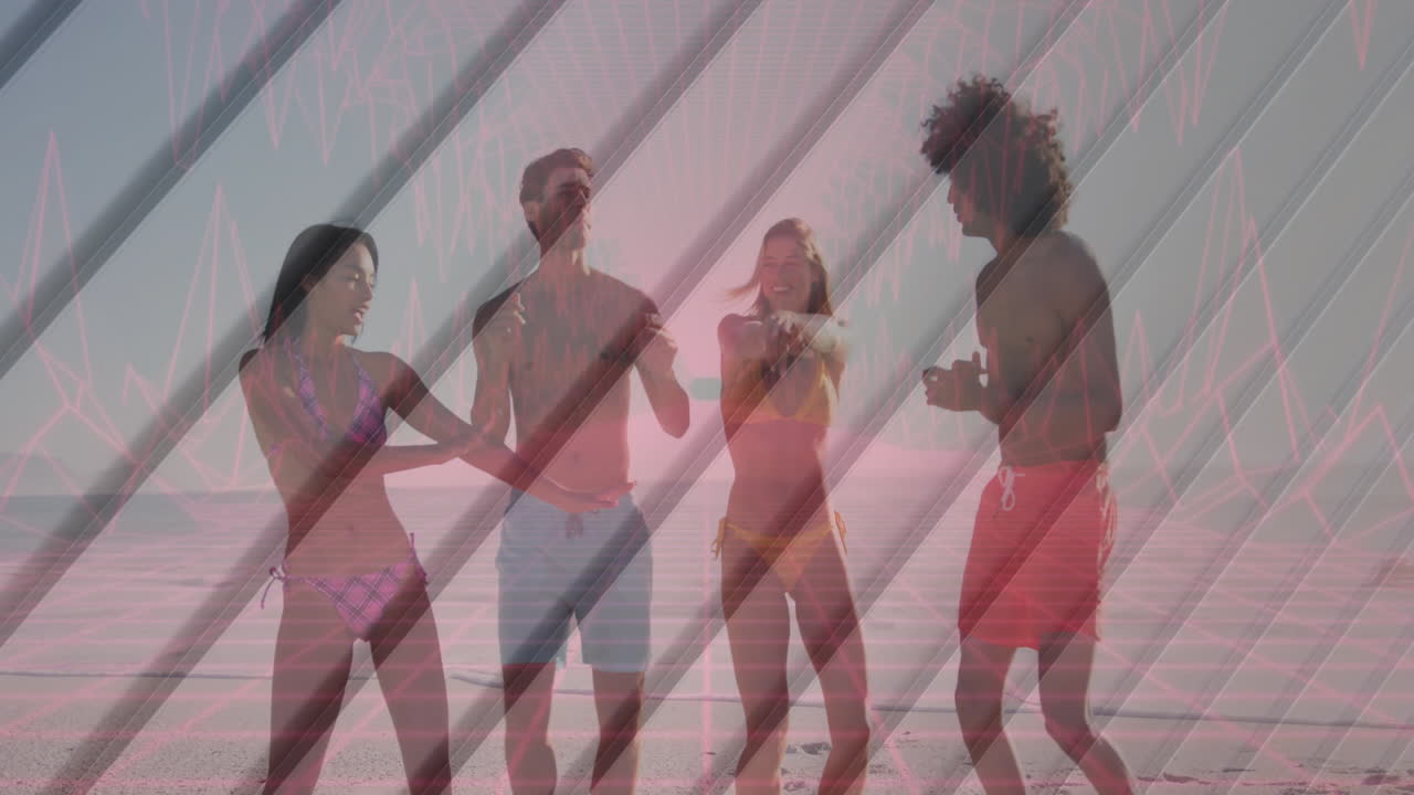 Dancing on beach, young adults enjoying with heartbeat animation overlay