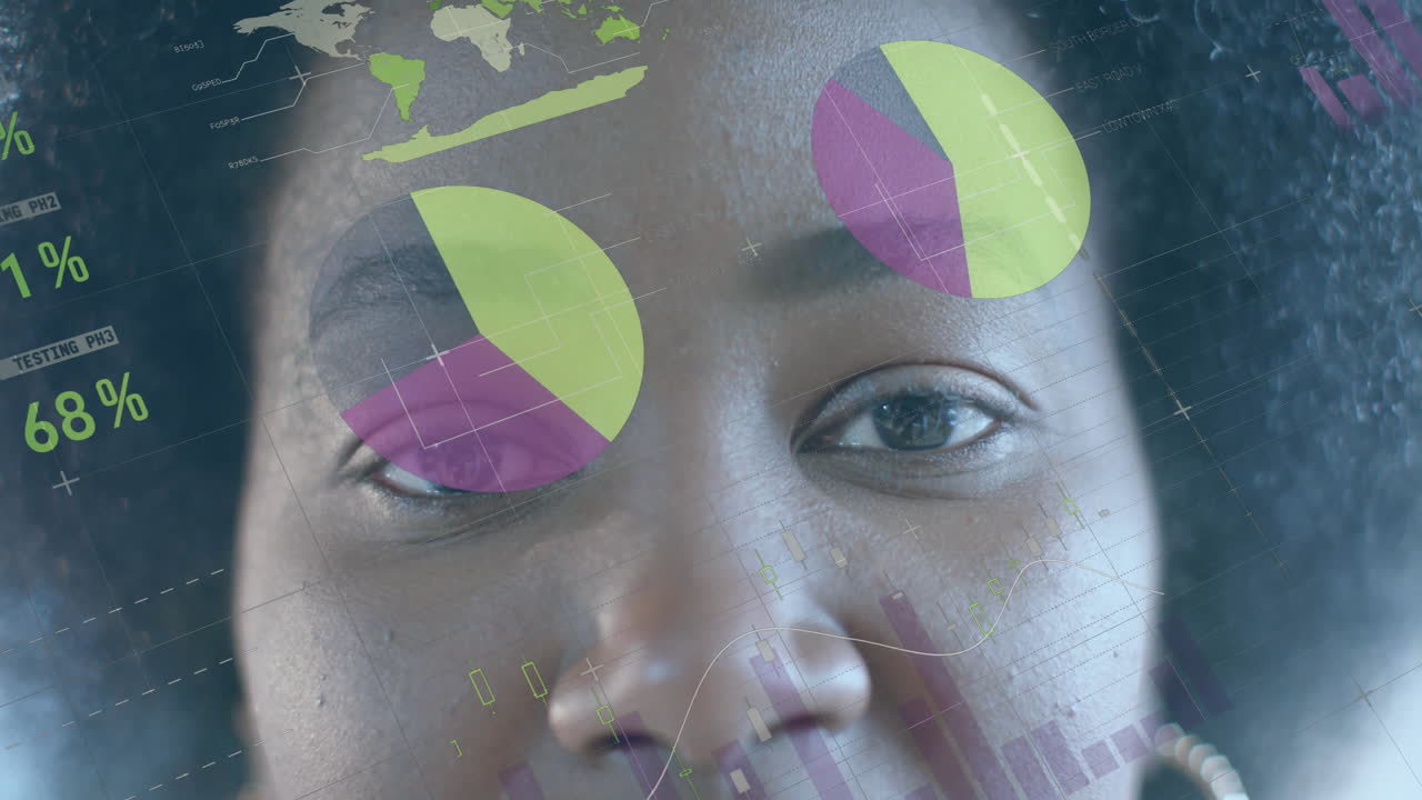 animación del procesamiento de datos financieros sobre una mujer de negocios afroamericana