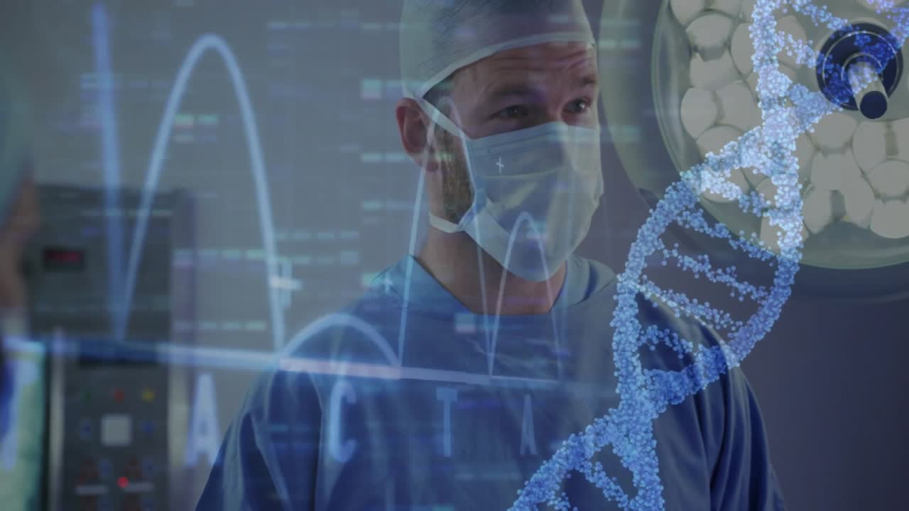 Surgeon responding to waveform shifts and monitoring genetic data on hologram DNA helix in hospital