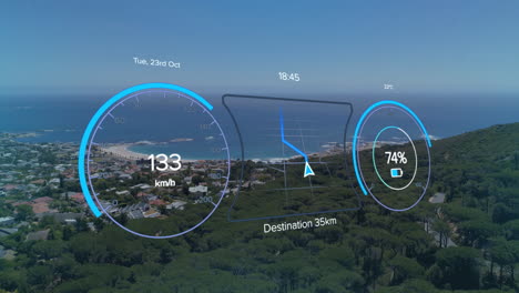 animación de la interfaz con el icono de carga de la batería y el velocímetro sobre el paisaje urbano