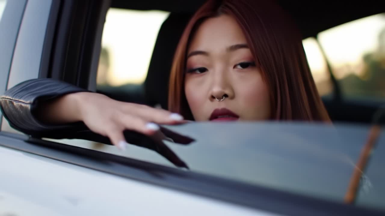The Enigmatic Essence of Contemplation Captured in Two Frames: A Young Woman Gazing Out from a Car Window, Reflecting on Life's Journey in the Golden Hour Light
