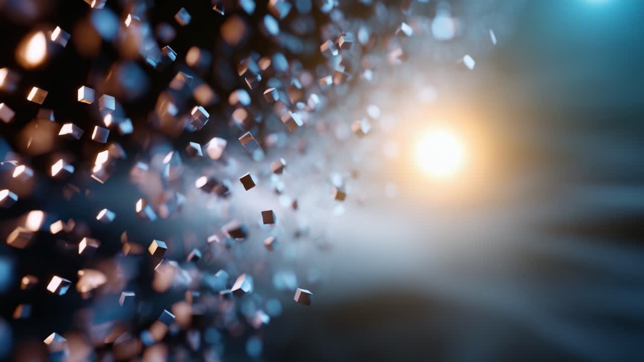 Particelle dinamiche in movimento: una straordinaria visualizzazione di frammenti cubici illuminati da luce intensa e sfondi texturizzati in un ambiente digitale ipnotico