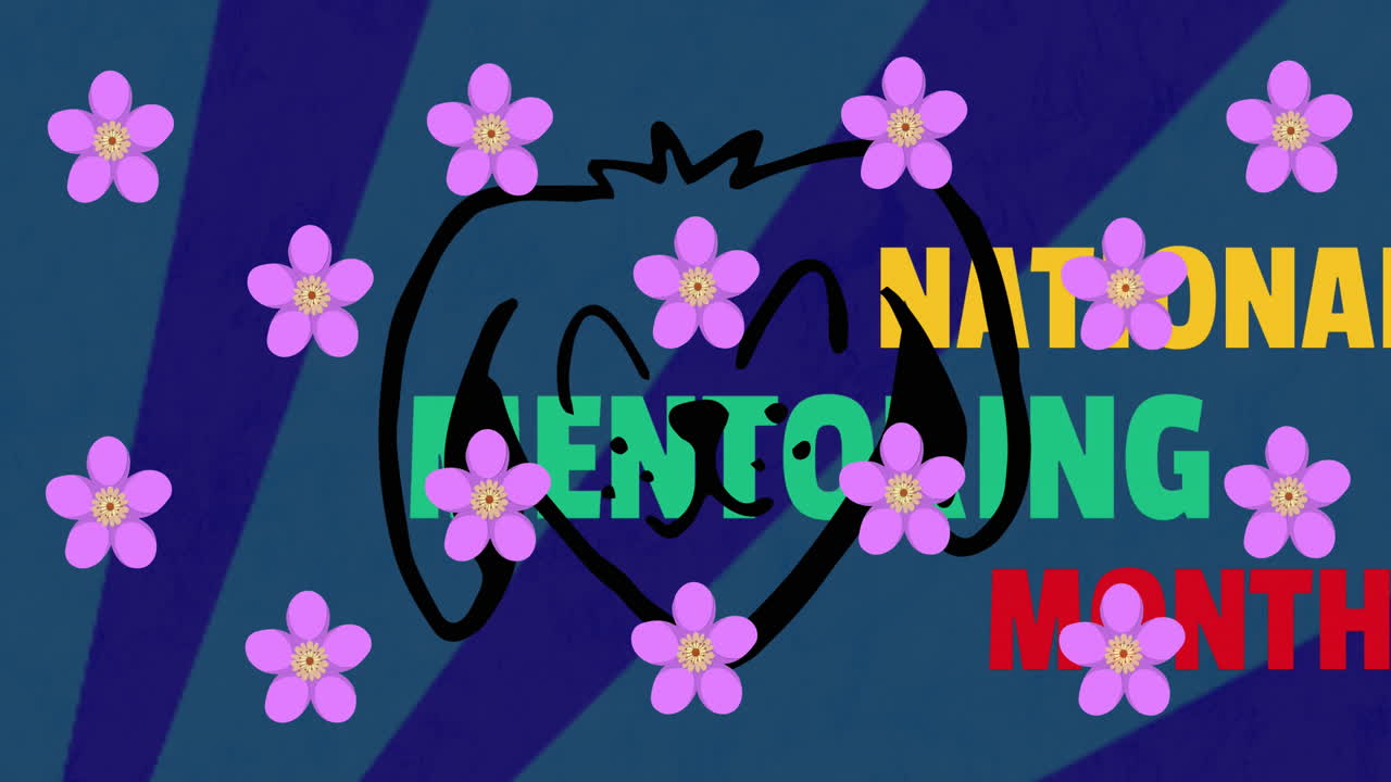 Animation of purple flowers over dog face and national mentoring day text against blue background
