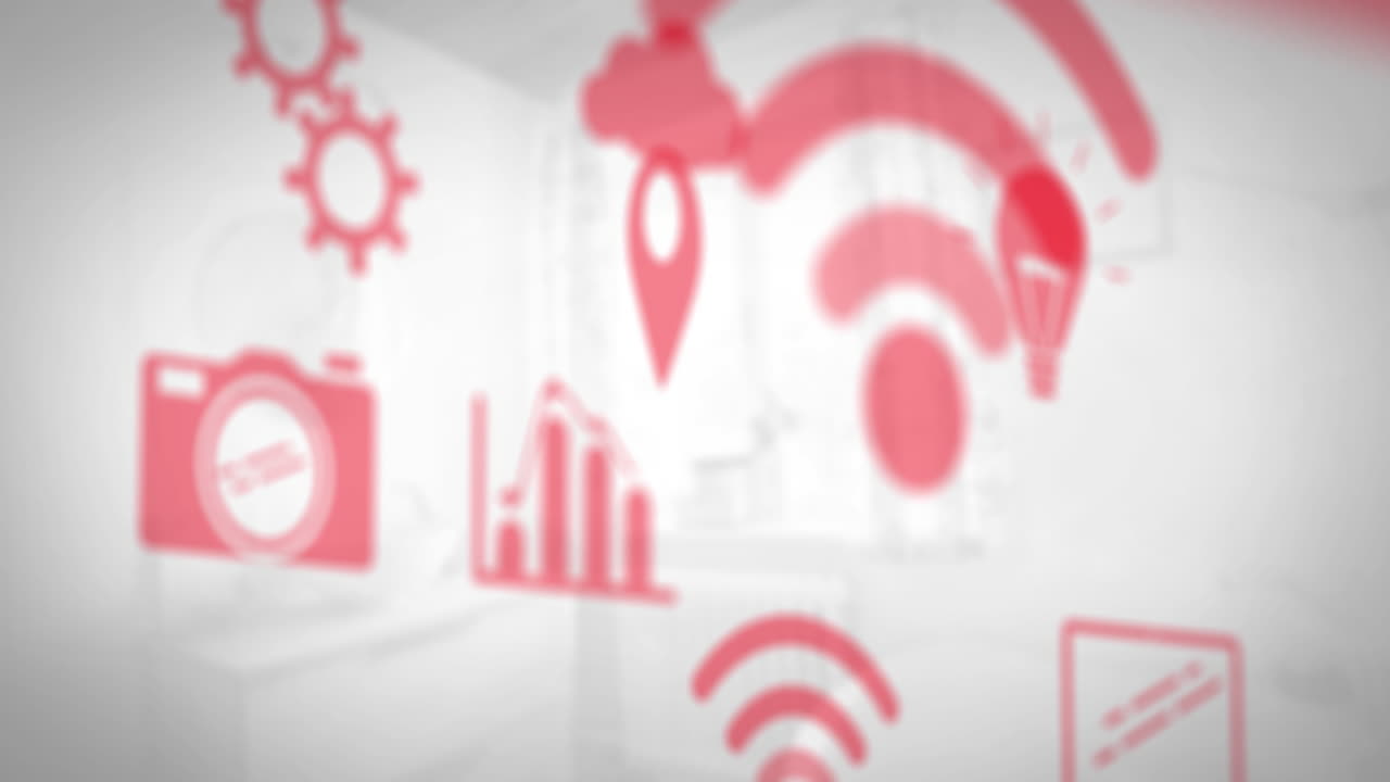 animación de múltiples iconos rojos sobre un fondo abstracto