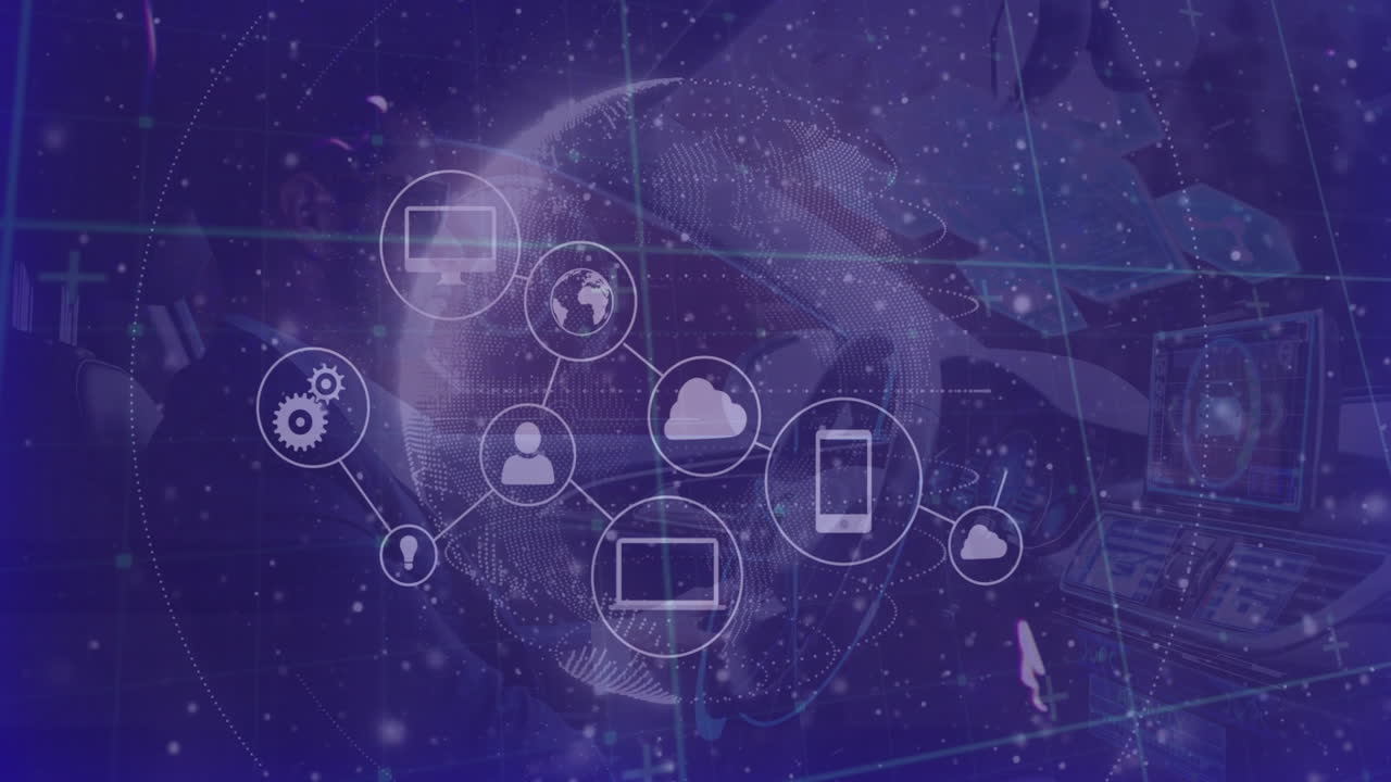Digital network icons connected over globe and technology background animation