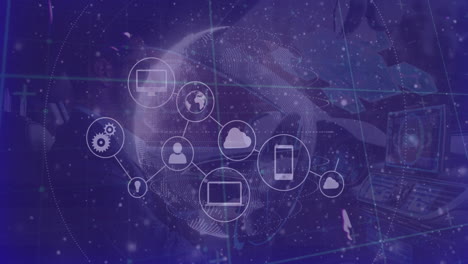 digital network icons connected over globe and technology background animation
