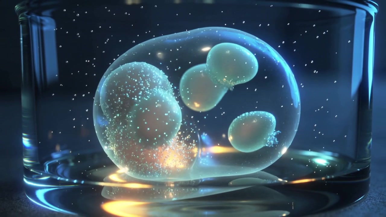 Shifting capsule holding three teal drops and large sphere in beaker, underlight stirring particles