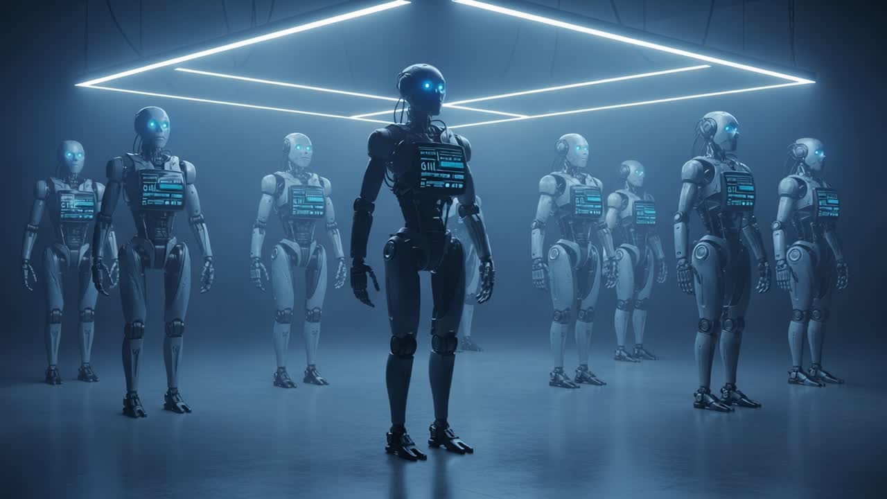 Futuristic Robots in a High-Tech Environment: A Showcase of Advanced Artificial Intelligence and Robotics, Highlighting Their Unique Designs and Capabilities