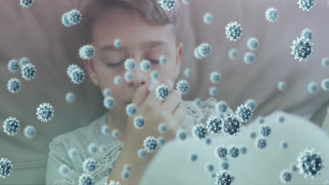 animación de células de virus sobre un niño caucásico estornudando en la cama