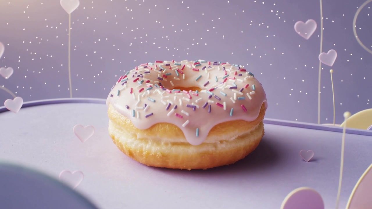 Telecamera in movimento che si avvicina a una ciambella glassata ad anello su un set dai colori pastello per evidenziare la glassa, il riflettore e le scintille.