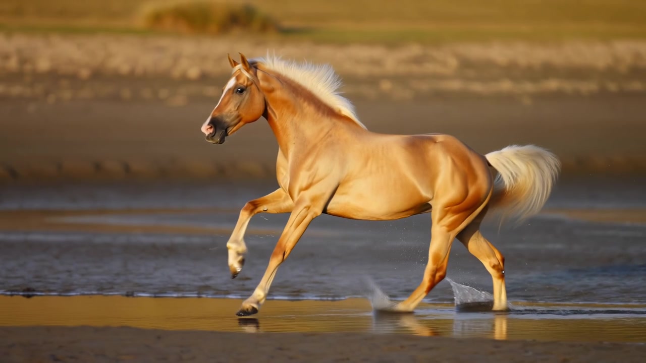 Palominohest i højre profil bevæger sig hen over våd sandstrand med hove, der rører lavt vand og sender små stænk i buer, manke og hale fejet tilbage, ører fremad, varmt lys fremhæver muskler.