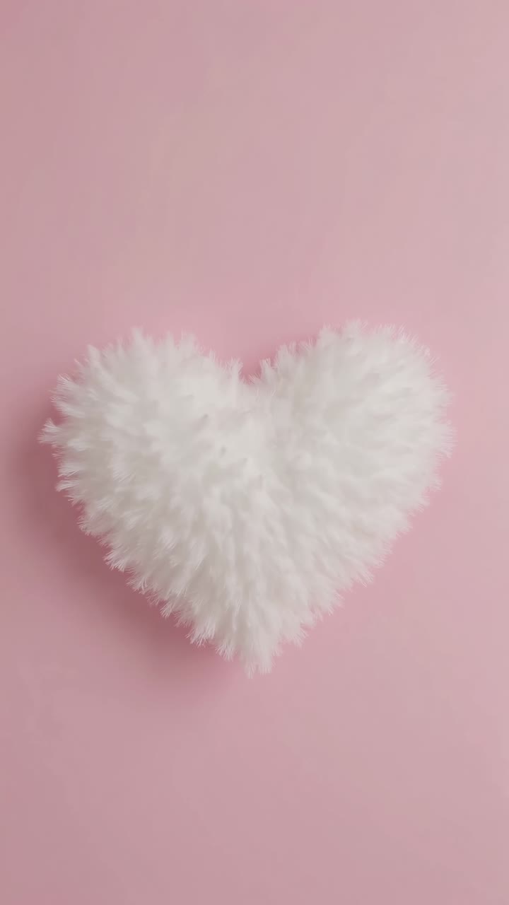 Aerial view of a fluffy white heart on a pink background, resembling a cozy texture